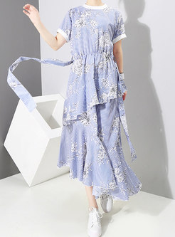 Print O-neck Belted Asymmetric Maxi Dress