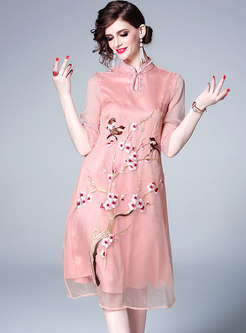 Stand Collar Slim Embroidered A Line Dress