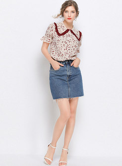 Print Turn Down Collar Single-breasted Blouse