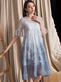 Casual Embroidered Light Blue Shift Dress With Camis