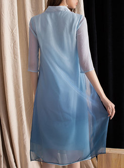 V-neck Embroidered Mesh Light Blue Shift Dress