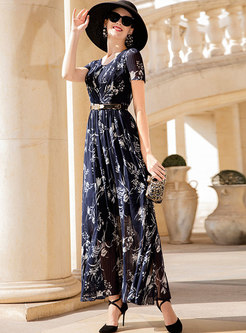 Elegant Print Belted Hem Maxi Dress