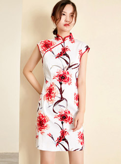 Ethnic Mandarin Collar Sleeveless Mini Bodycon Dress