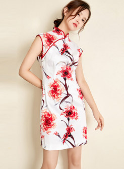 Ethnic Mandarin Collar Sleeveless Mini Bodycon Dress