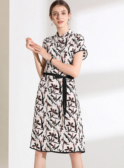 Stylish Print Lapel Tie-waist Slim Skater Dress