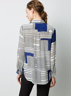 Color-blocked Striped Lapel Casual Blouse