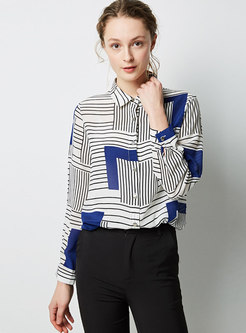 Color-blocked Striped Lapel Casual Blouse