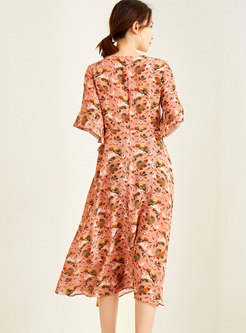 Stylish Print Falbala Asymmetric Silk Skater Dress