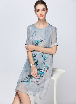 Vintage Grey Embroidered Silk Shift Dress