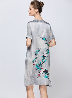 Vintage Grey Embroidered Silk Shift Dress