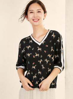 V-neck Bat Sleeve Print Silk Pullover T-shirt