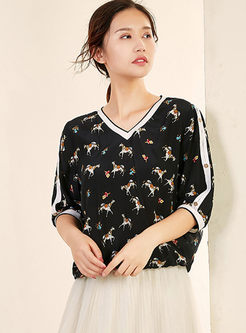V-neck Bat Sleeve Print Silk Pullover T-shirt