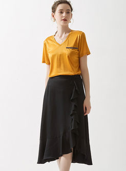 Brief Solid Color Falbala Irregular Skirt