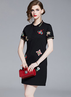 Stylish Polo Collar Embroidered T-shirt Dress