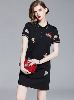 Stylish Polo Collar Embroidered T-shirt Dress