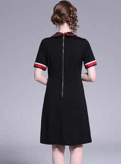 Color-blocked Lapel Embroidered Slim Midi Dress