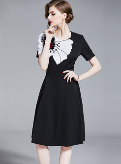 Stylish O-neck Embroidered Slim A Line Dress
