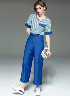 Casual Striped O-neck T-shirt & Belted Wide Leg Pants