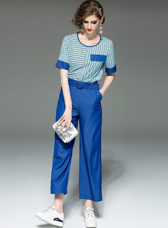 Casual Striped O-neck T-shirt & Belted Wide Leg Pants