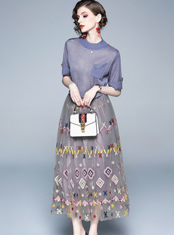 Casual O-neck Knitted Top & Mesh Embroidered A Line Skirt