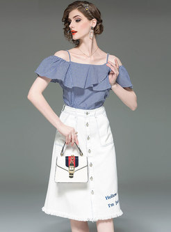 Slash Neck Blue Plaid Top & White Denim Skirt