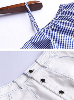 Slash Neck Blue Plaid Top & White Denim Skirt
