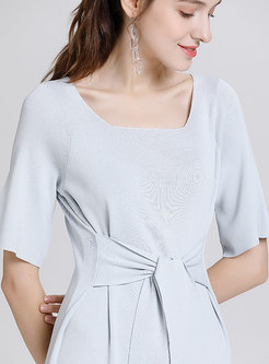 Brief Square Neck Tied Light Blue Knitted Dress