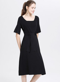 Square Neck Tied Loose Knitted Black Knitted Dress