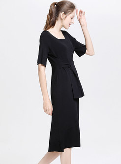 Square Neck Tied Loose Knitted Black Knitted Dress