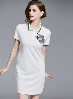 Color-blocked Lapel Embroidered Slim T-shirt Dress