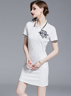 Color-blocked Lapel Embroidered Slim T-shirt Dress