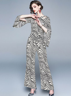 Striped Flare Sleeve Hollow Out Slim Jumpsuit