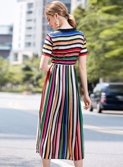 Multi V-neck Striped Pleated Maxi Dress