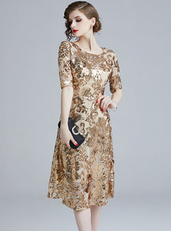 Chic O-neck Half Sleeve Sequins Slim Party Dress