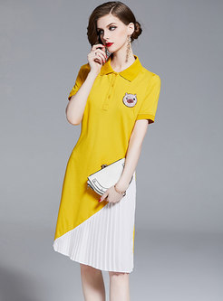 Color-blocked Lapel Pleated T-shirt Dress