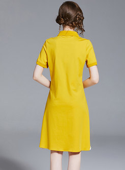 Color-blocked Lapel Pleated T-shirt Dress