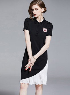 Casual Color-blocked Lapel Pleated T-shirt Dress