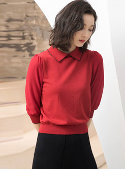 Casual Lapel Half Sleeve Knitted Top