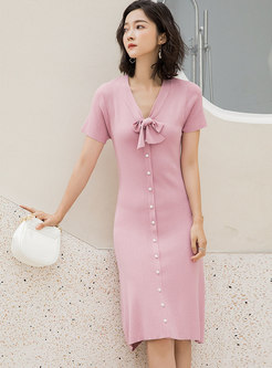 Elegant V-neck Bowknot Single-breasted Knitted Dress