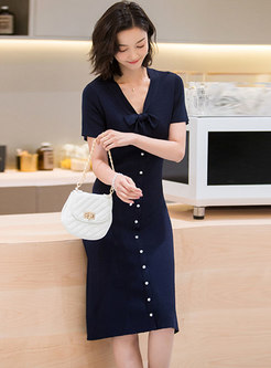 Solid Color V-neck Bowknot Single-breasted Knitted Dress