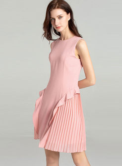 Solid Color Sleeveless Splicing Falbala Pleated Dress