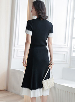 Color-blocked O-neck Knitted Top & High Waist Skirt