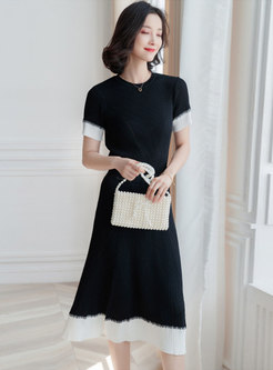 Color-blocked O-neck Knitted Top & High Waist Skirt