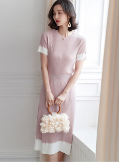 Stylish Color-blocked O-neck Knitted Top & High Waist Skirt