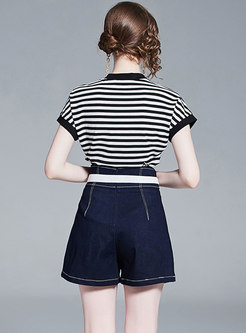 Striped Bat Sleeve T-shirt & Denim Asymmetric Shorts