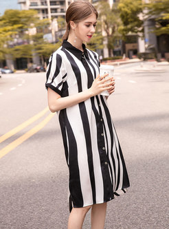 Stylish Lapel Striped Split T-shirt Dress