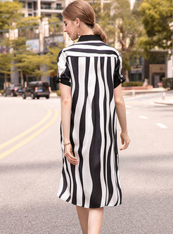 Stylish Lapel Striped Split T-shirt Dress