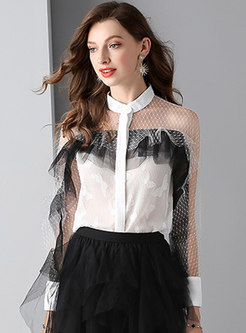 Openwork Lace Color-blocked Jacquard Blouse