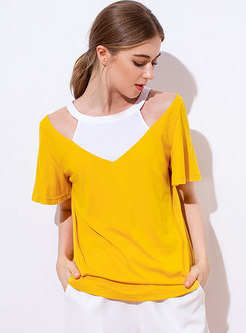 Stylish Personality Yellow Off Shoulder Splicing T-shirt