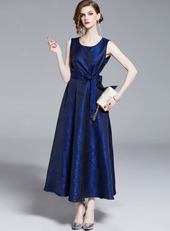 Elegant Print O-neck Sleeveless Belted Maxi Dress
